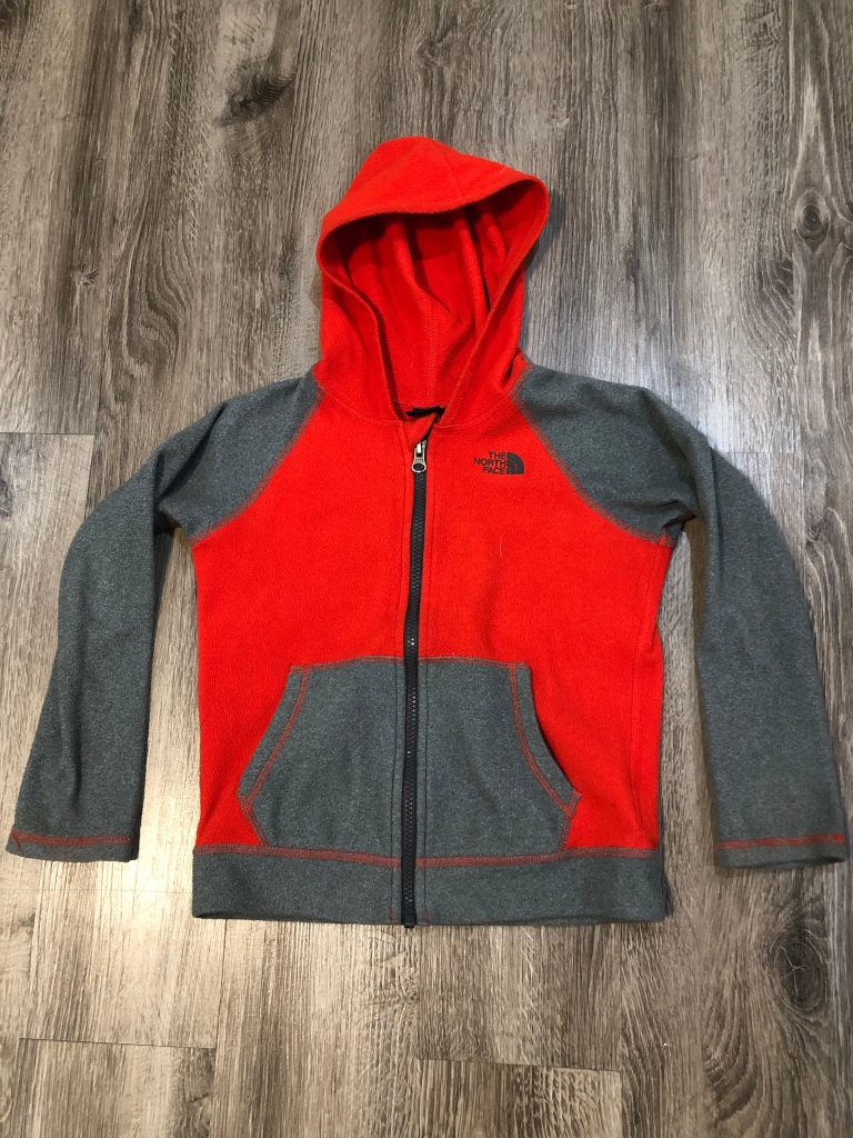 Red and gray North Face Glacier Full-Zip Fleece Hoodie youth size