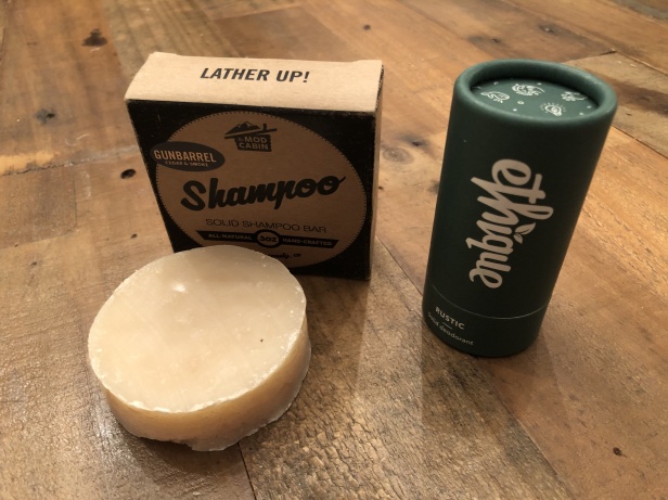 The Mod Cabin gunbarrel solid shampoo bar and Ethique solid deodorant bar, sustainable and zero waste hygiene products