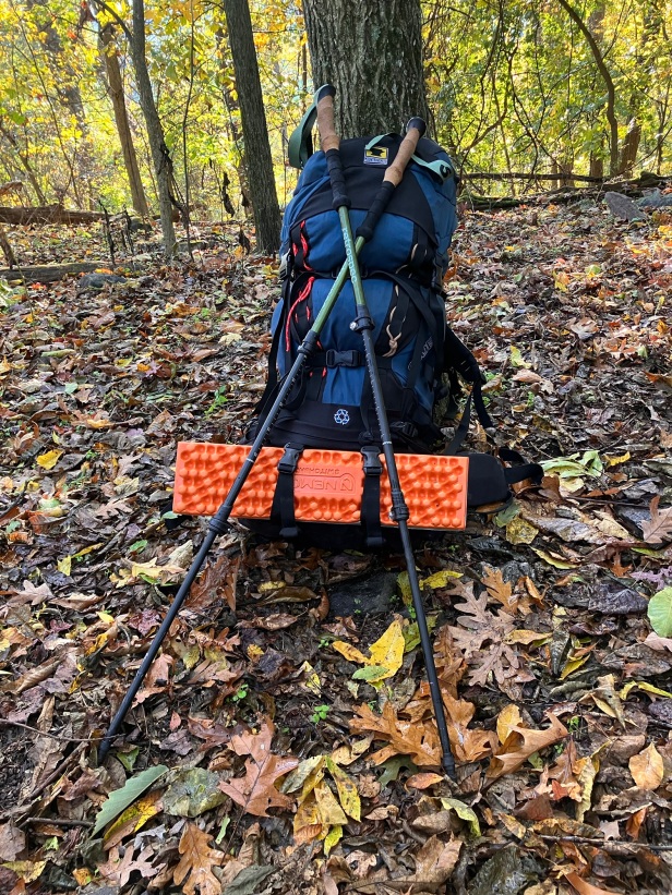 Retrospec Solstice trekking poles, expanded with backpack in the woods